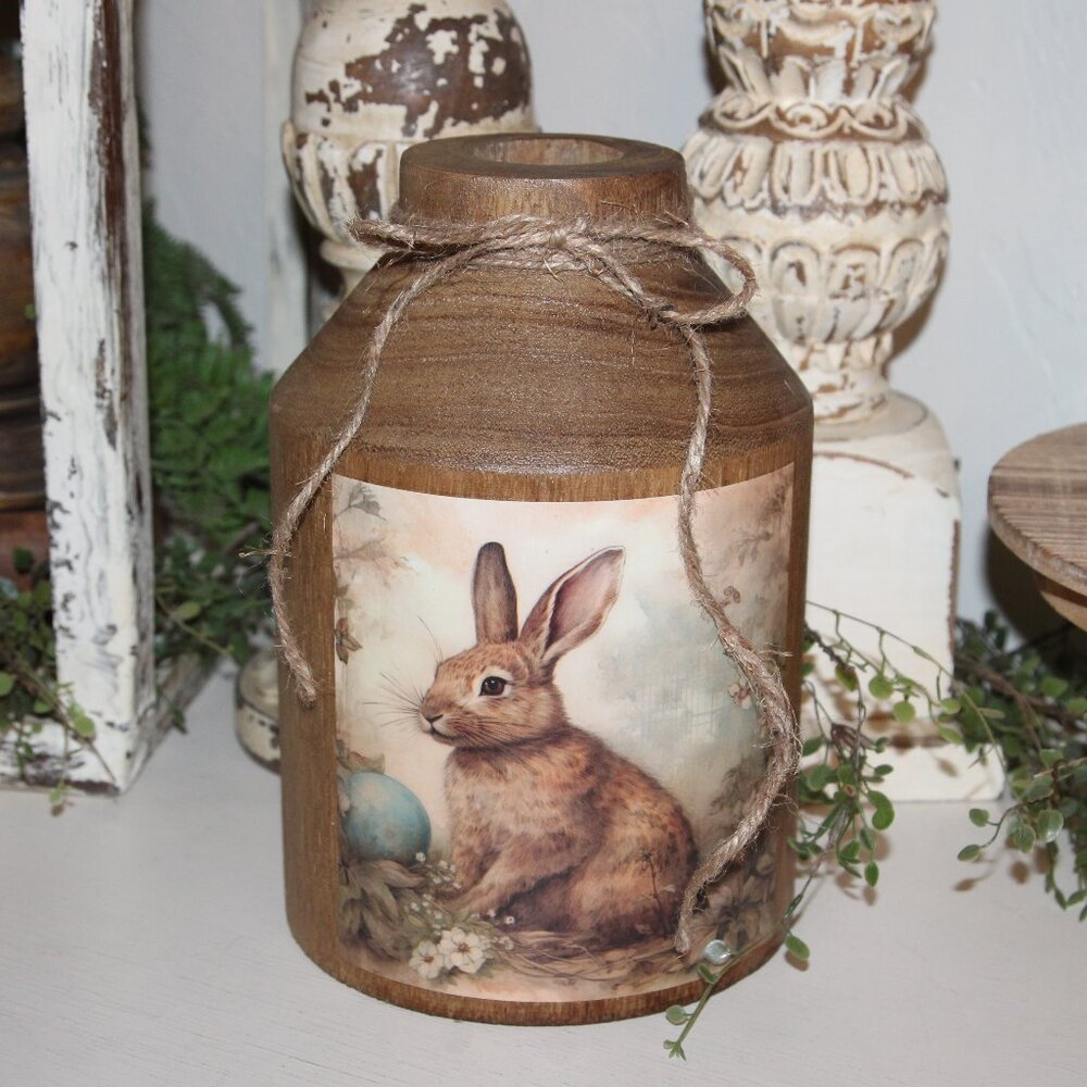 NEW French Country Rustic Farmhouse Bunny Rabbit Wood Vessel Pot Vase
